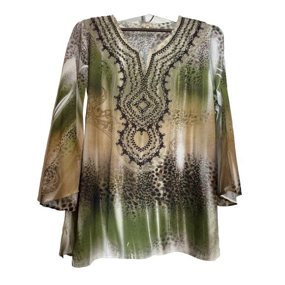 Reba Tops - Reba Top Forest‎ Fairy Abstract Rhinestone Blouse Artsy Festival Soft Stretch L